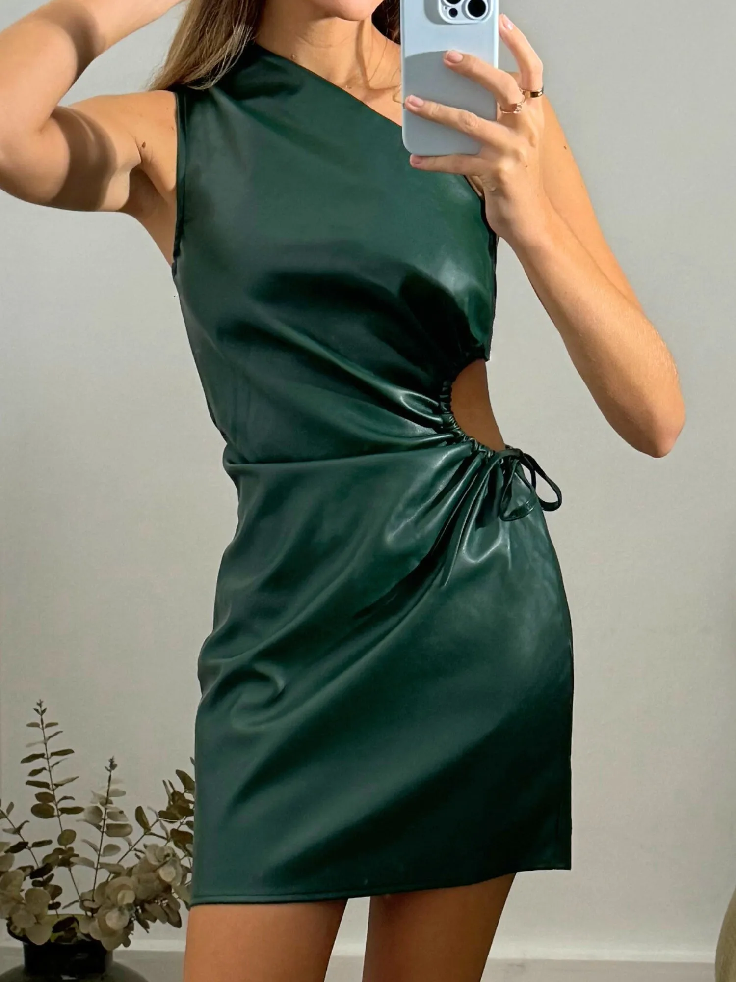 Tear-resistant Millie One Shoulder Mini Dress / Green PU