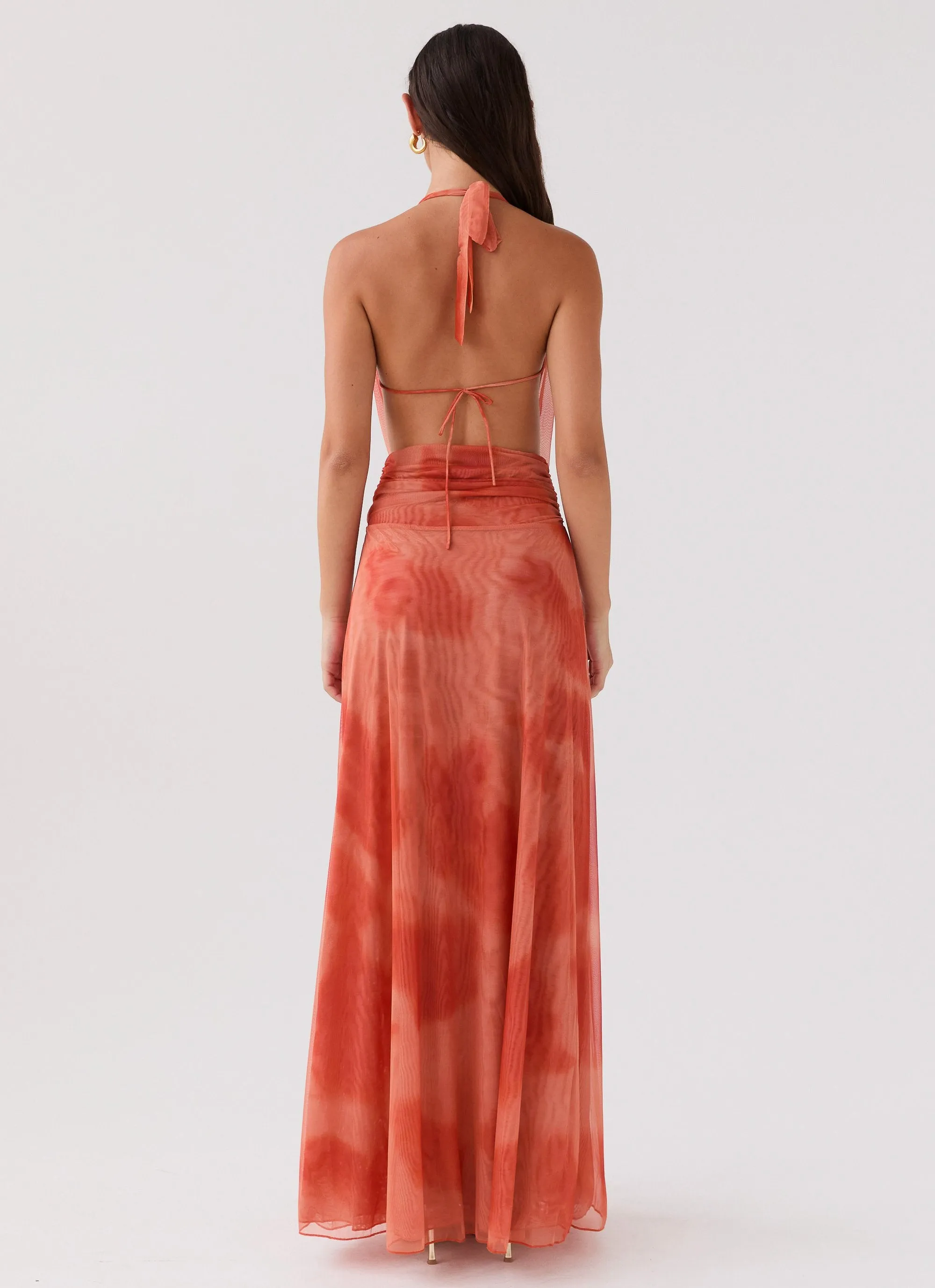 Glossy Texture Matte Finish Elysia Chiffon Maxi Dress - Fiery Fusion