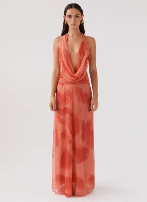 Soft Collar Design Elysia Chiffon Maxi Dress - Fiery Fusion