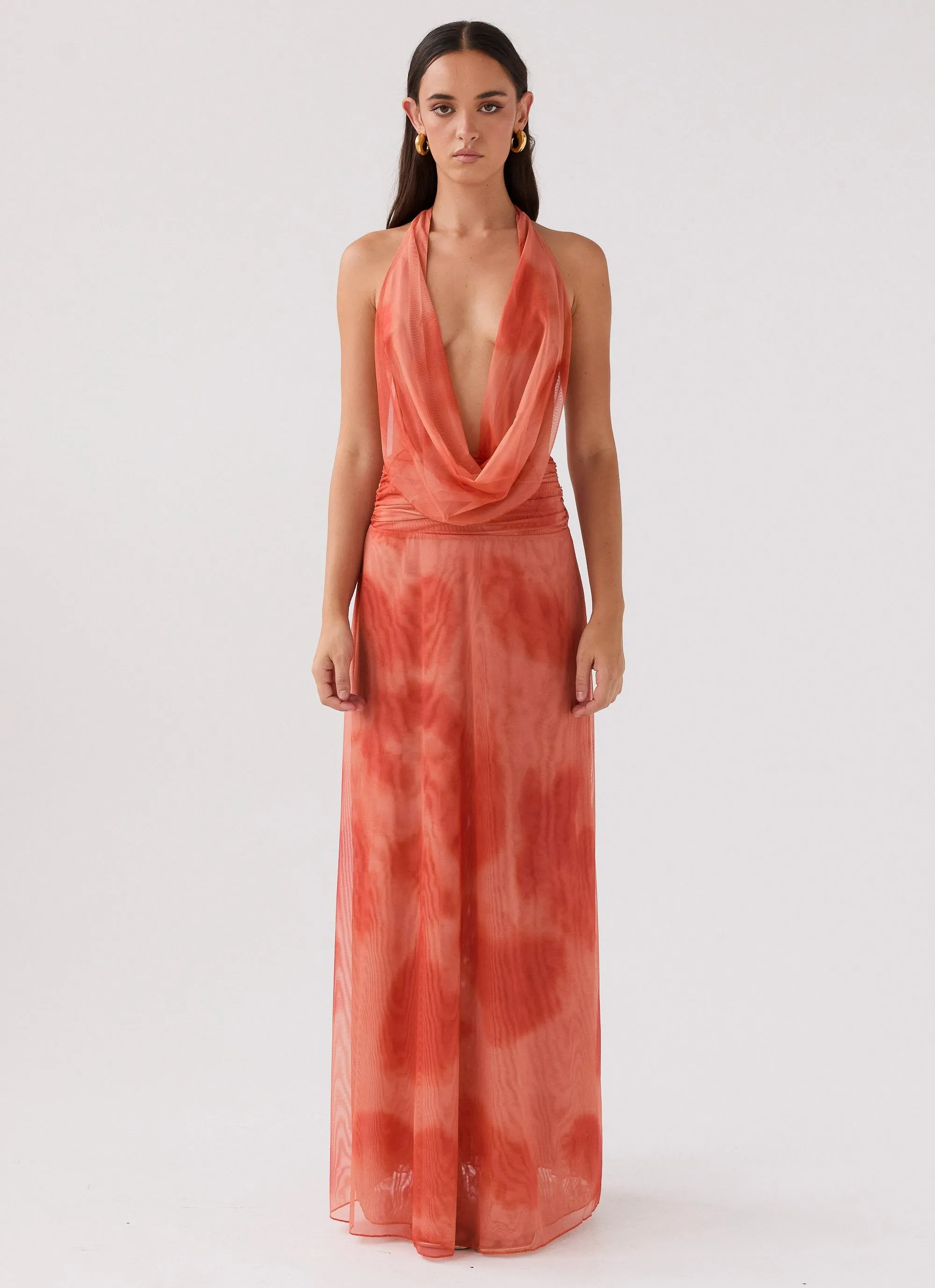 Soft Collar Design Elysia Chiffon Maxi Dress - Fiery Fusion