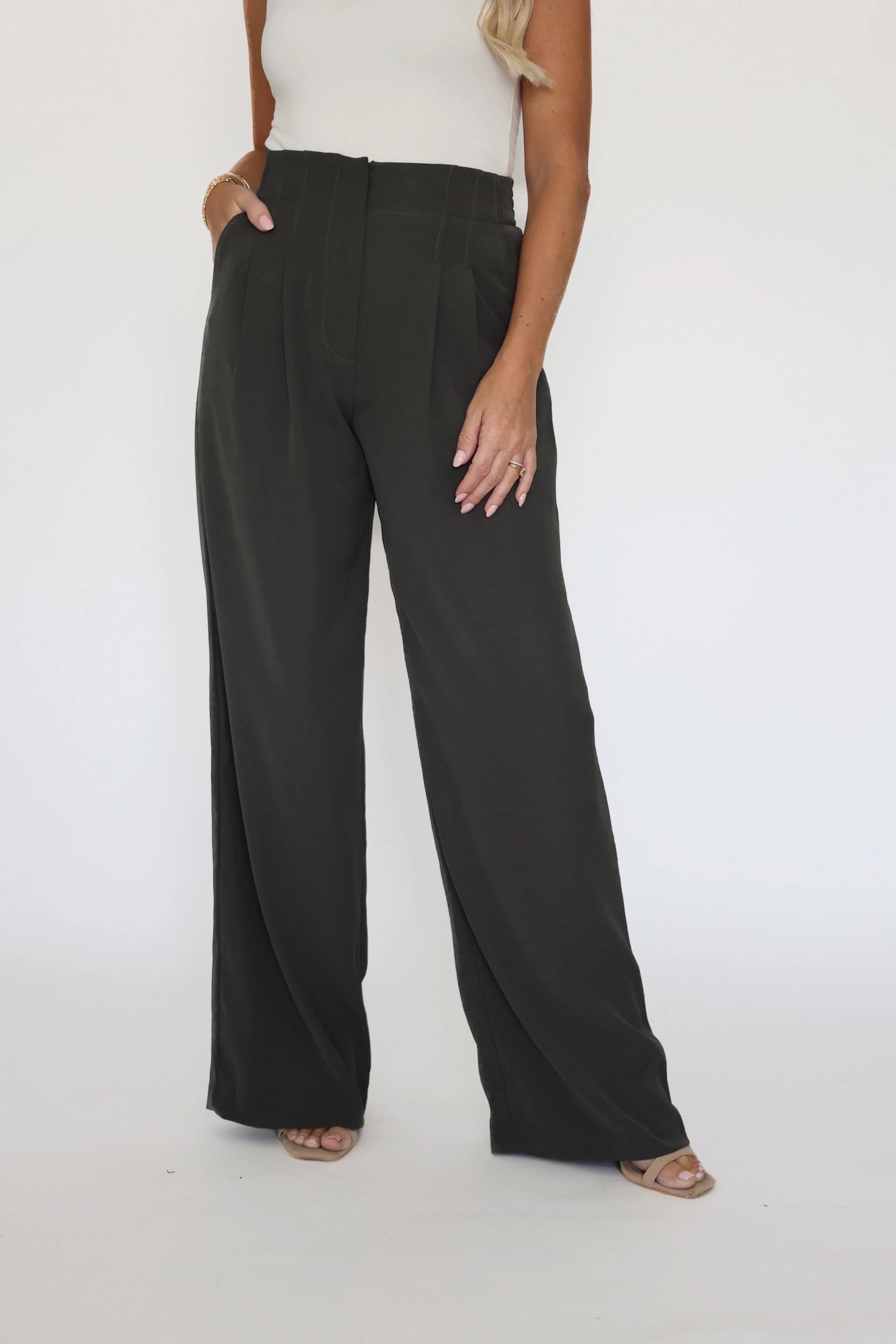 FasteningHood ContrastStitching Malibu Wide Leg Pants - Dark Olive