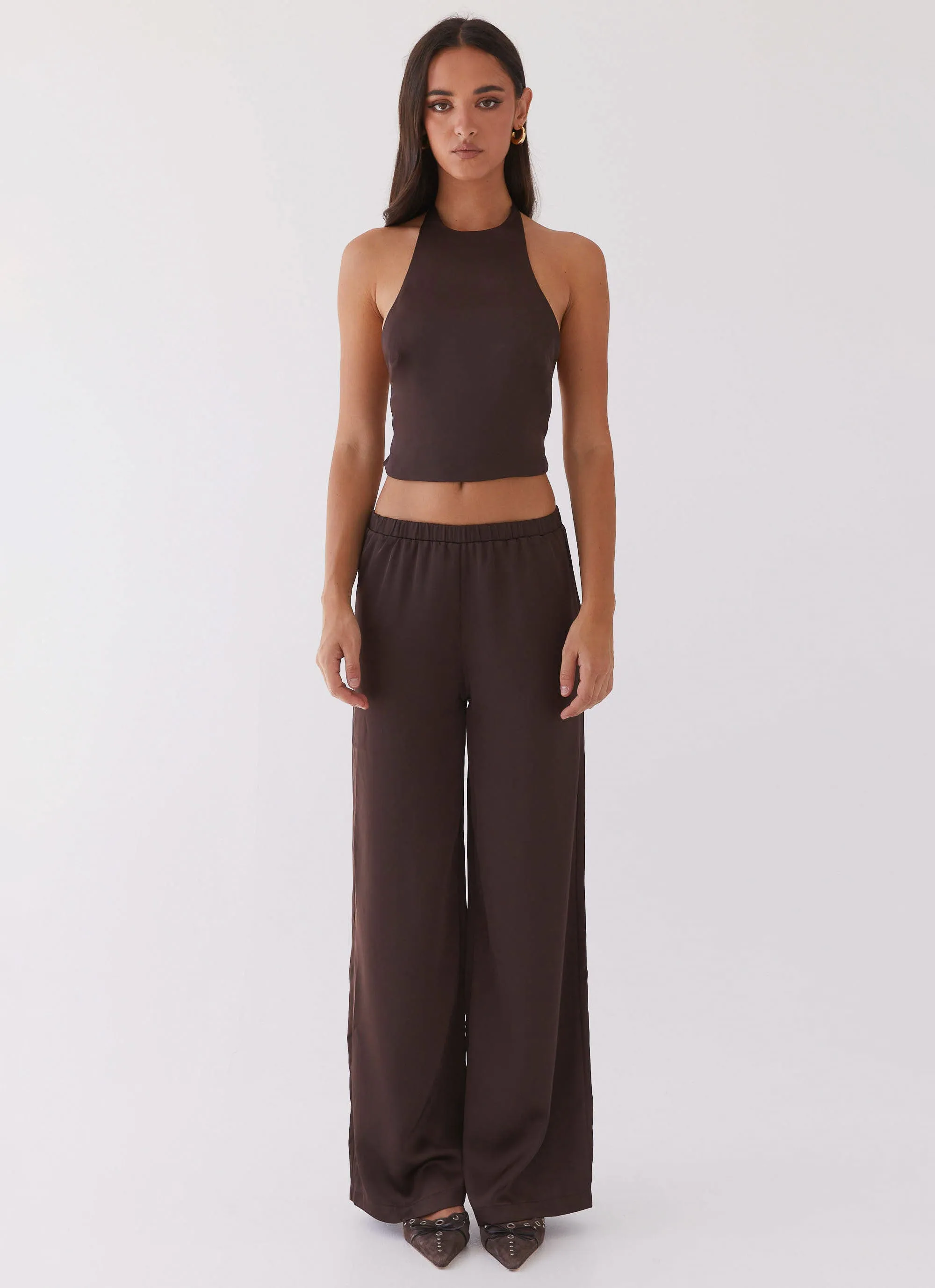 Brushed Inner Layer DoubleLayeredCollar Bree Satin Halterneck Top - Brown