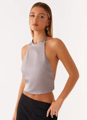 Bree Satin Halterneck Top - Grey GarmentDyed retro look