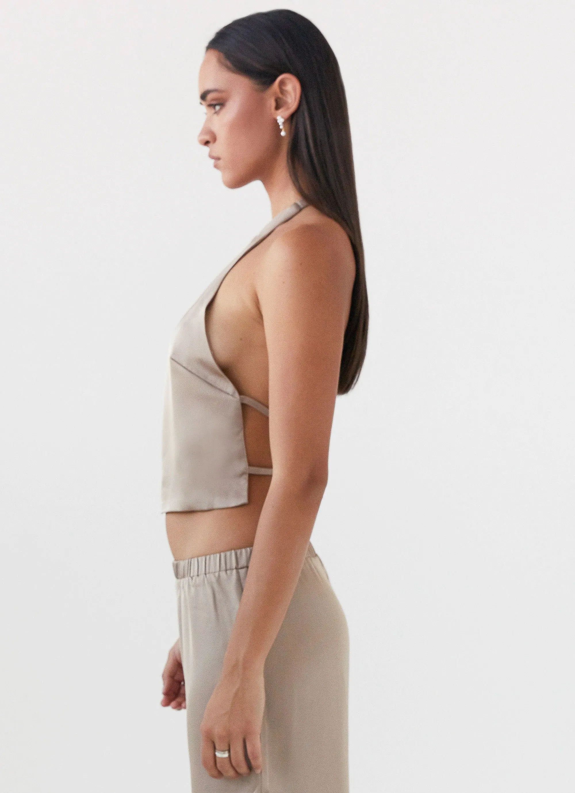 Bree Satin Halterneck Top - Mushroom Button Down Collar FlexibleSole