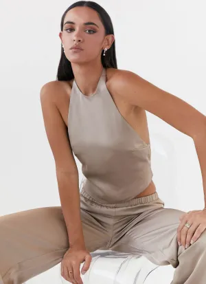 Bree Satin Halterneck Top - Mushroom Comfortable fit Adaptive Fit Technology