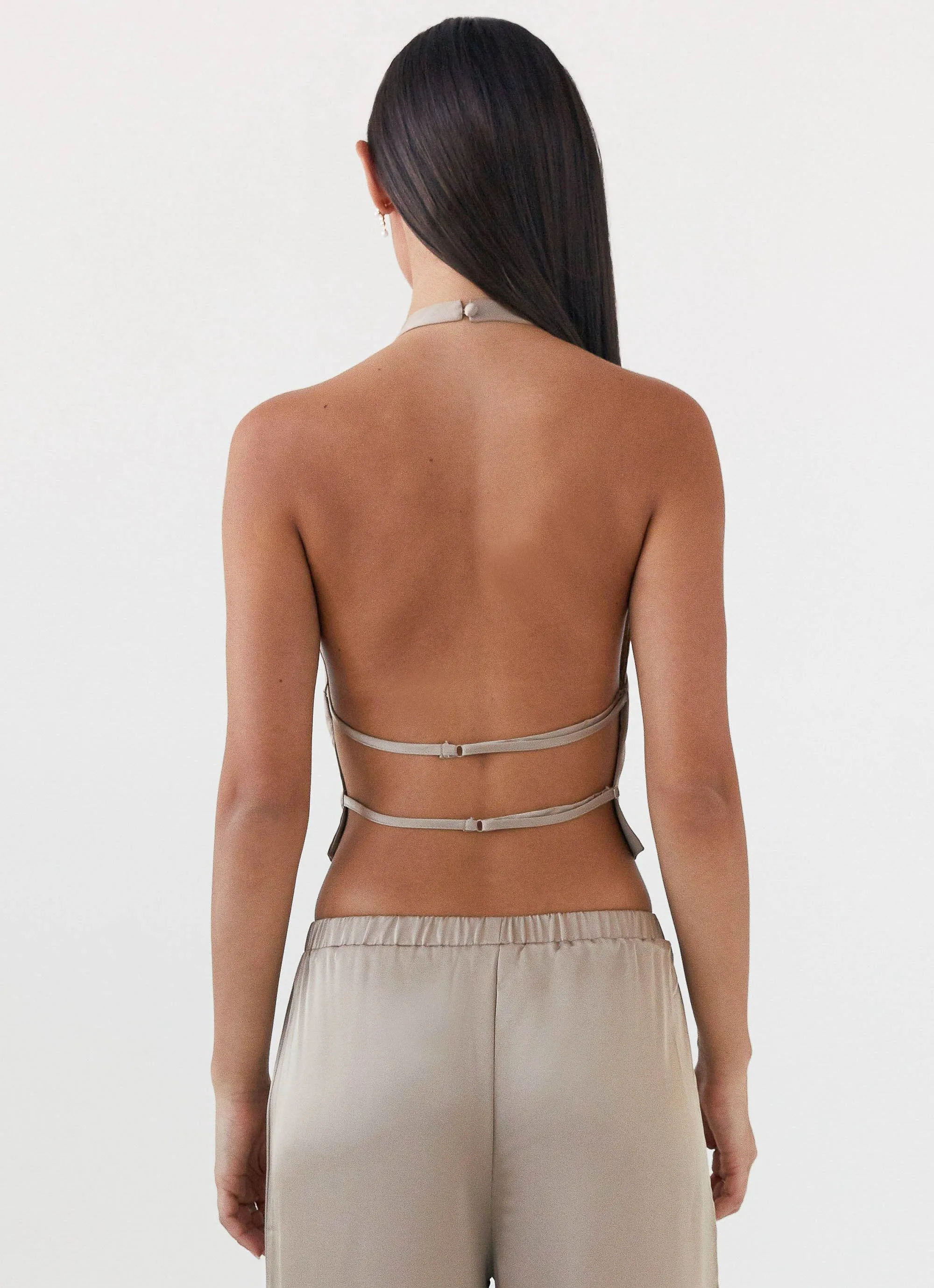 Reinforced Seams Stretch Fit Engineering Bree Satin Halterneck Top - Mushroom