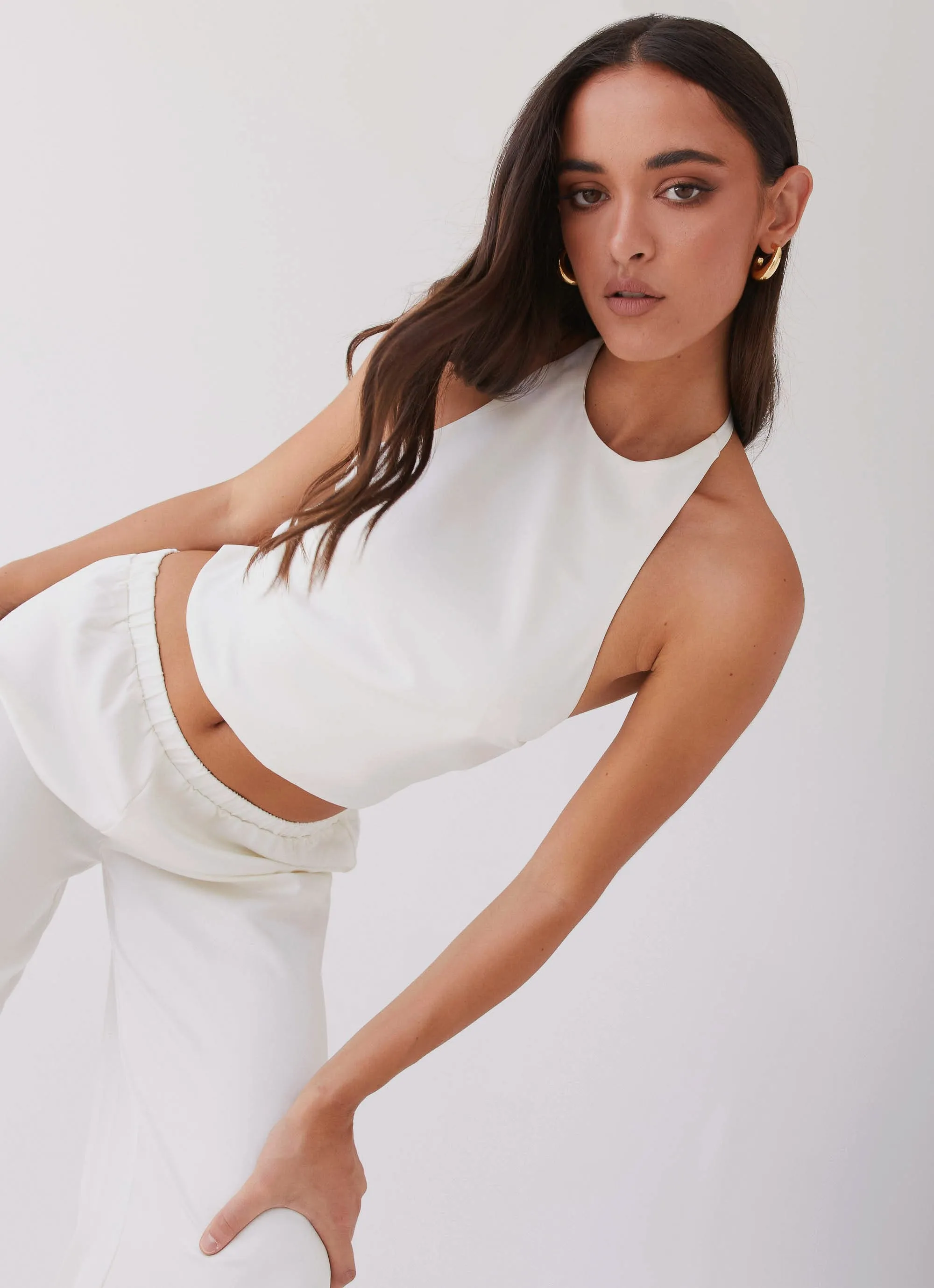Bree Satin Halterneck Top - Pearl Relaxed Crew Neck Opening Sporty Tee