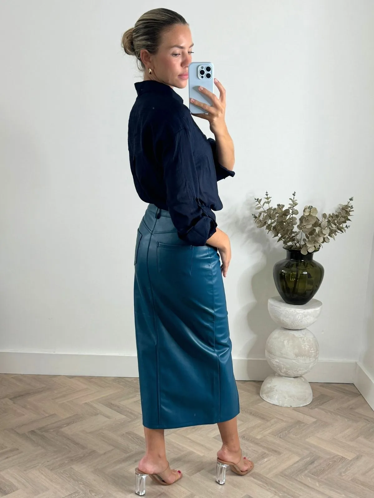 Brielle Pu Midi Skirt in Teal Custom made