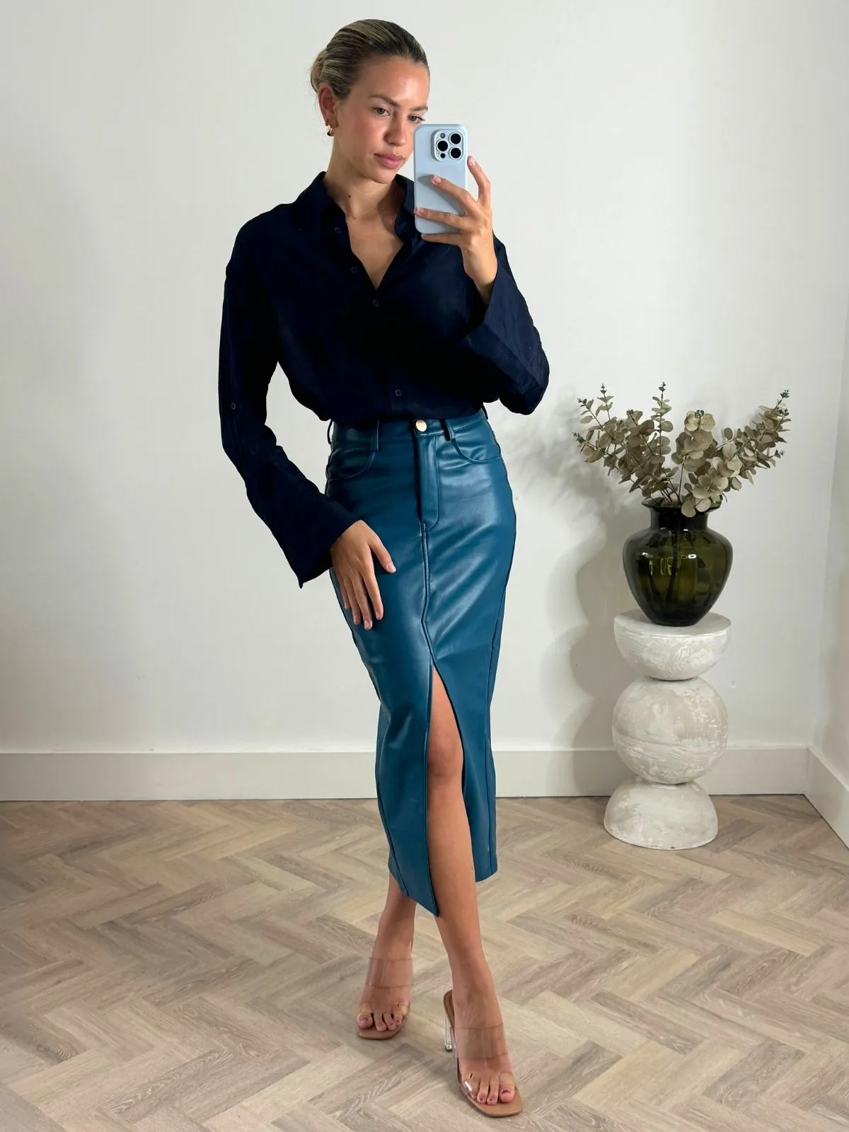 Brielle Pu Midi Skirt in Teal Performance Wear