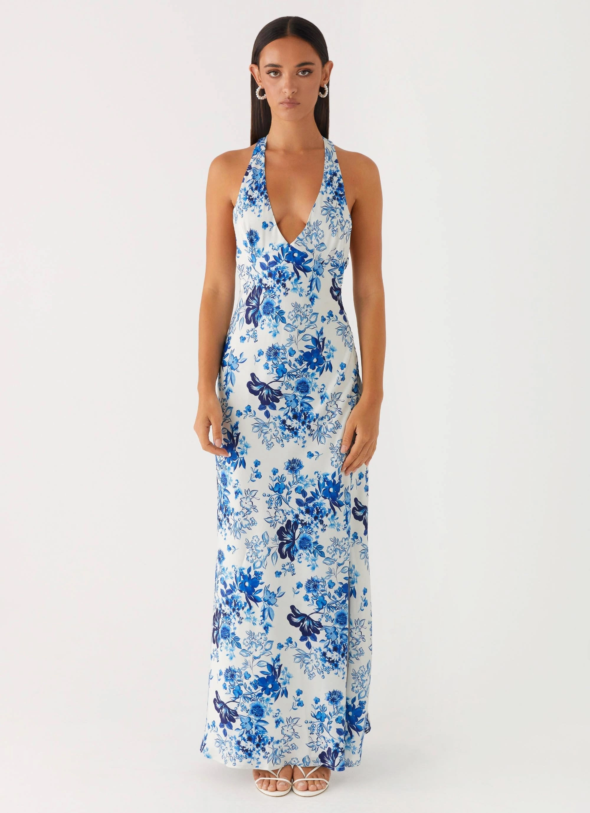 Angie Maxi Dress - Serene Sky Floral classic waist Slit-Hem
