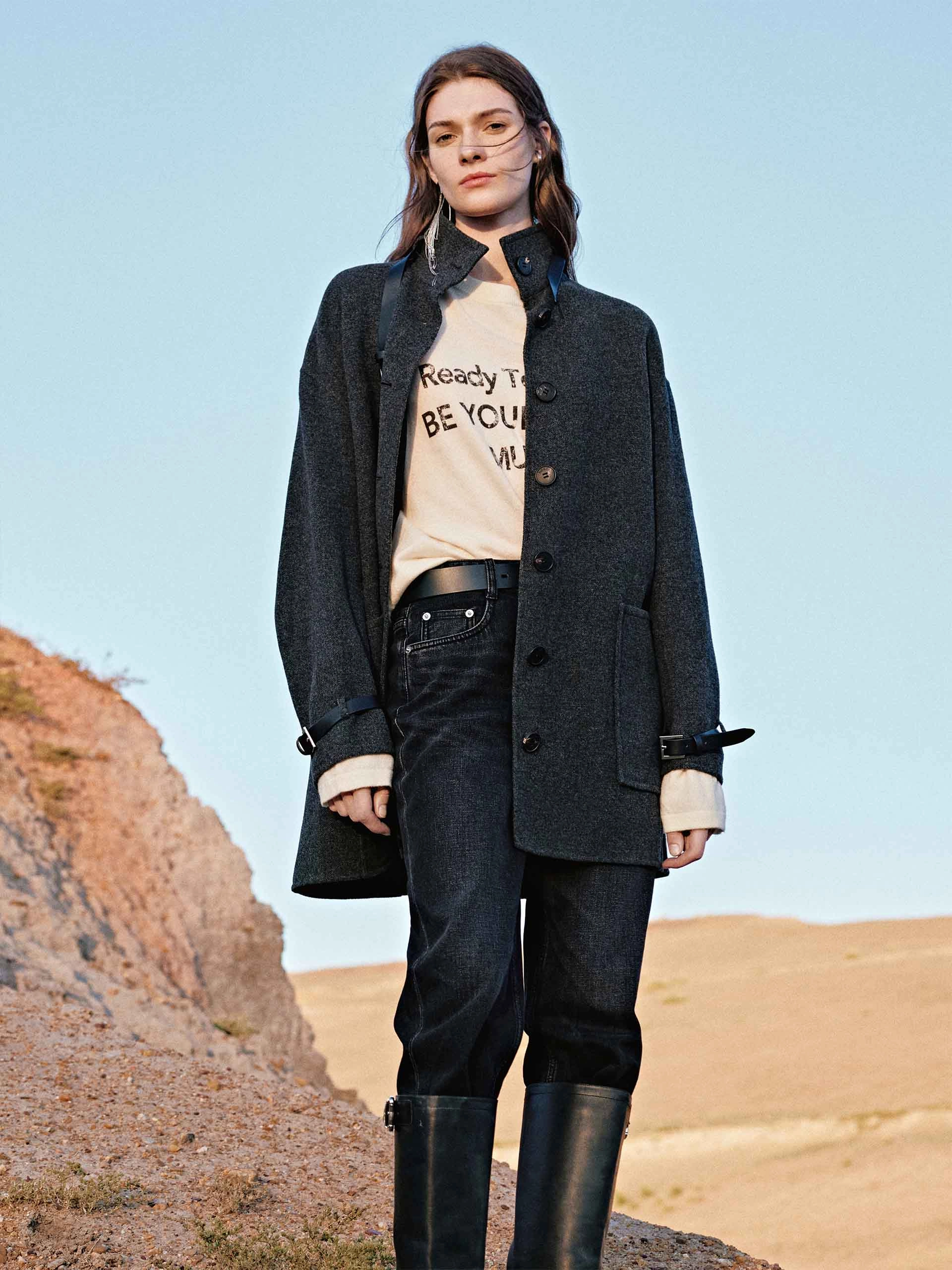 Buckle Detail Wool Coat Vegan Leather Accents Anti Pill Fabric Tech