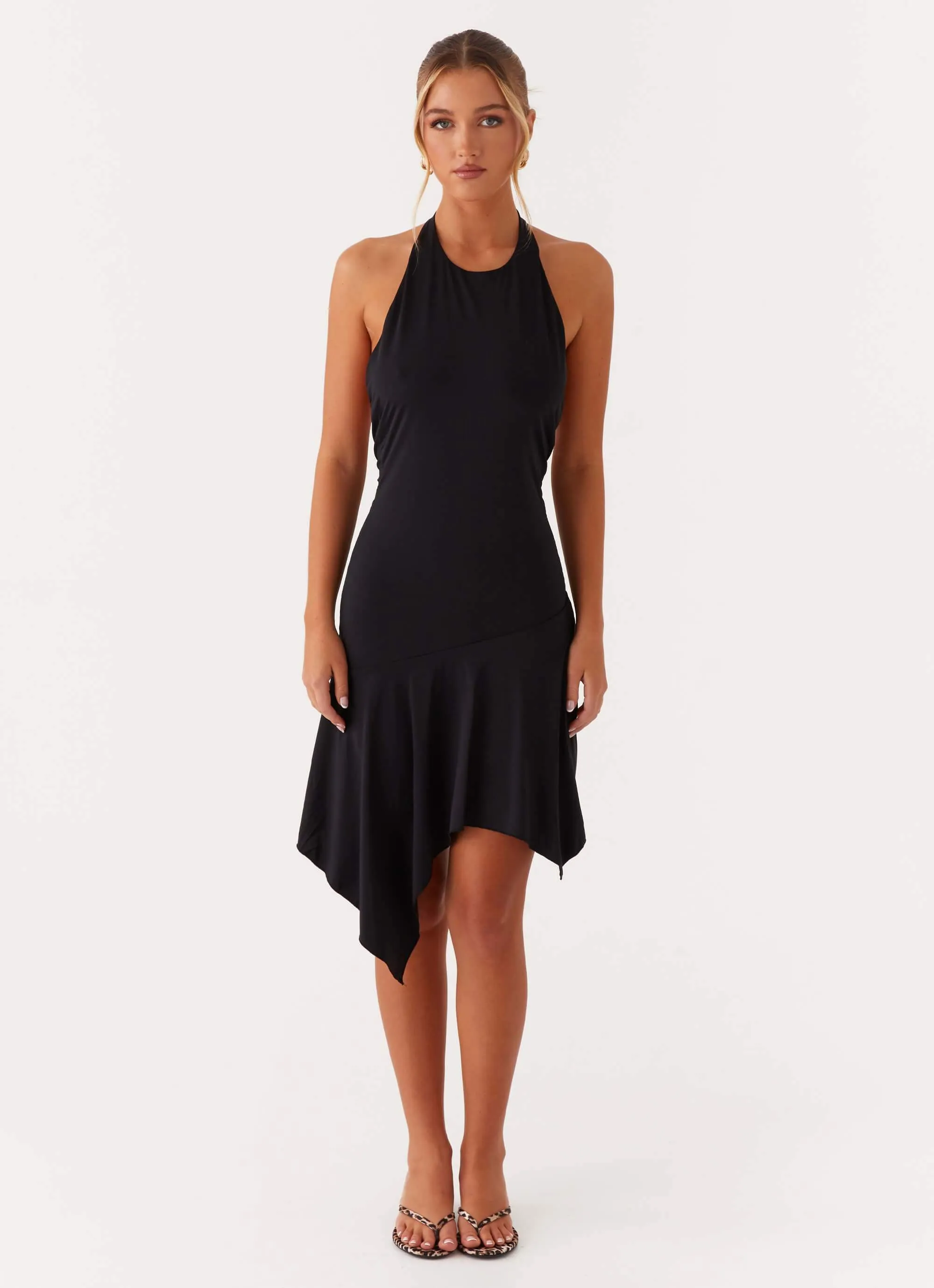 Lilyana Low Back Halter Midi Dress - Black Runway Inspired Pre Shrunk Cotton Blend