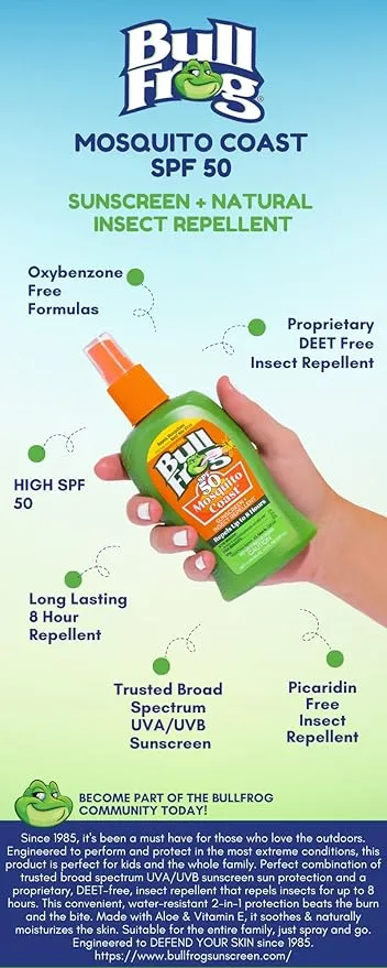 Bullfrog Mosquito Coast Bug Spray Insect Repellent   Sunscreen SPF 50, Pump Spray 4.7 Fl Oz