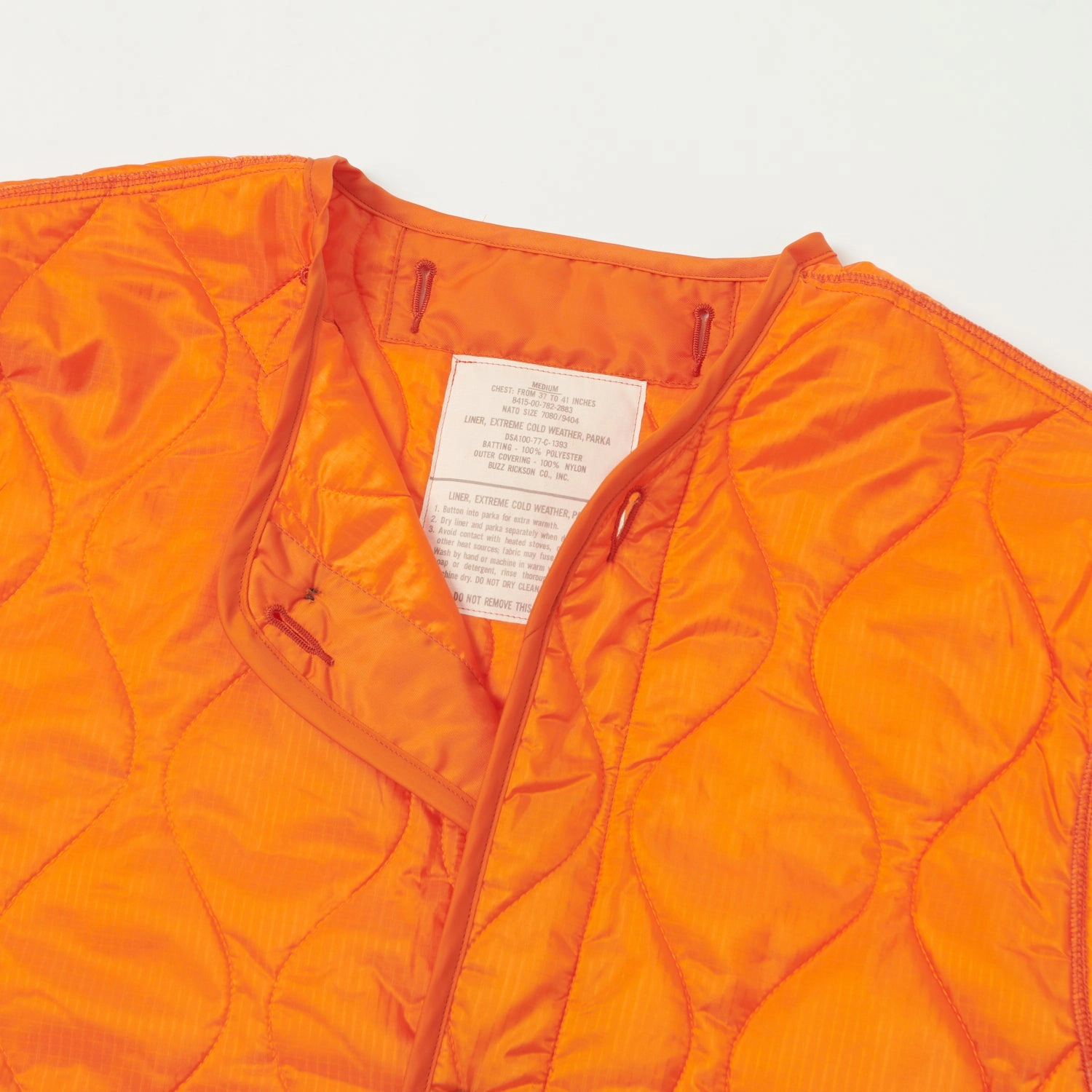 Non Slip Collar Comfortable Fabric Buzz Rickson's 'Extreme Cold Weather' Liner Jacket - Orange