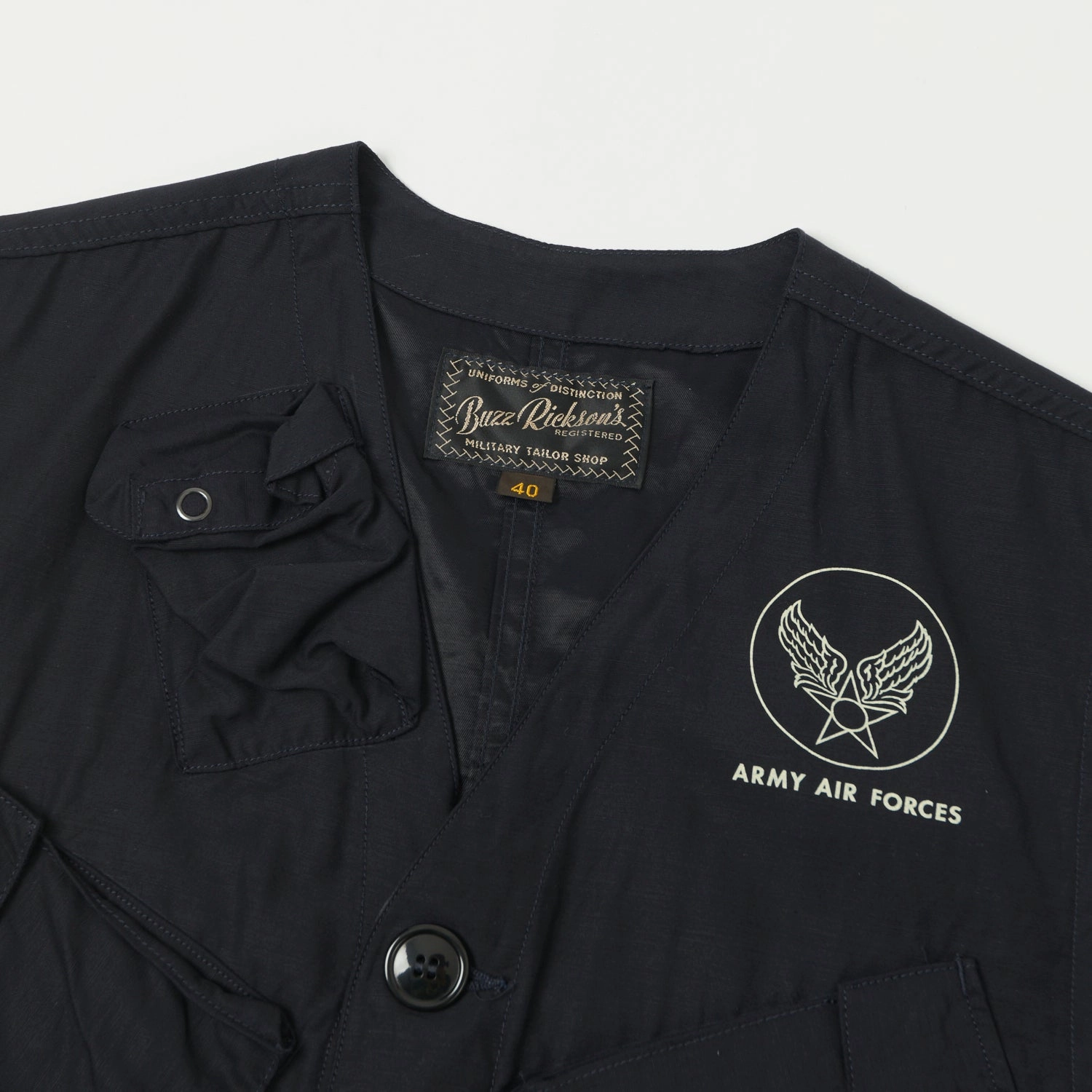 Buzz Rickson's U.S. Army C-1 Civilian Vest - Navy Sleek Outdoor Look SeamlessBonding