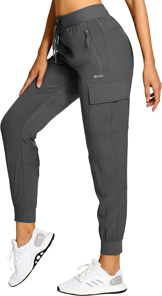 BVVU Women's Cargo Joggers Hiking Pants High Wasited Lightweight Quick Dry with Zipper Pockets Waterproof Athletic Sweatpants