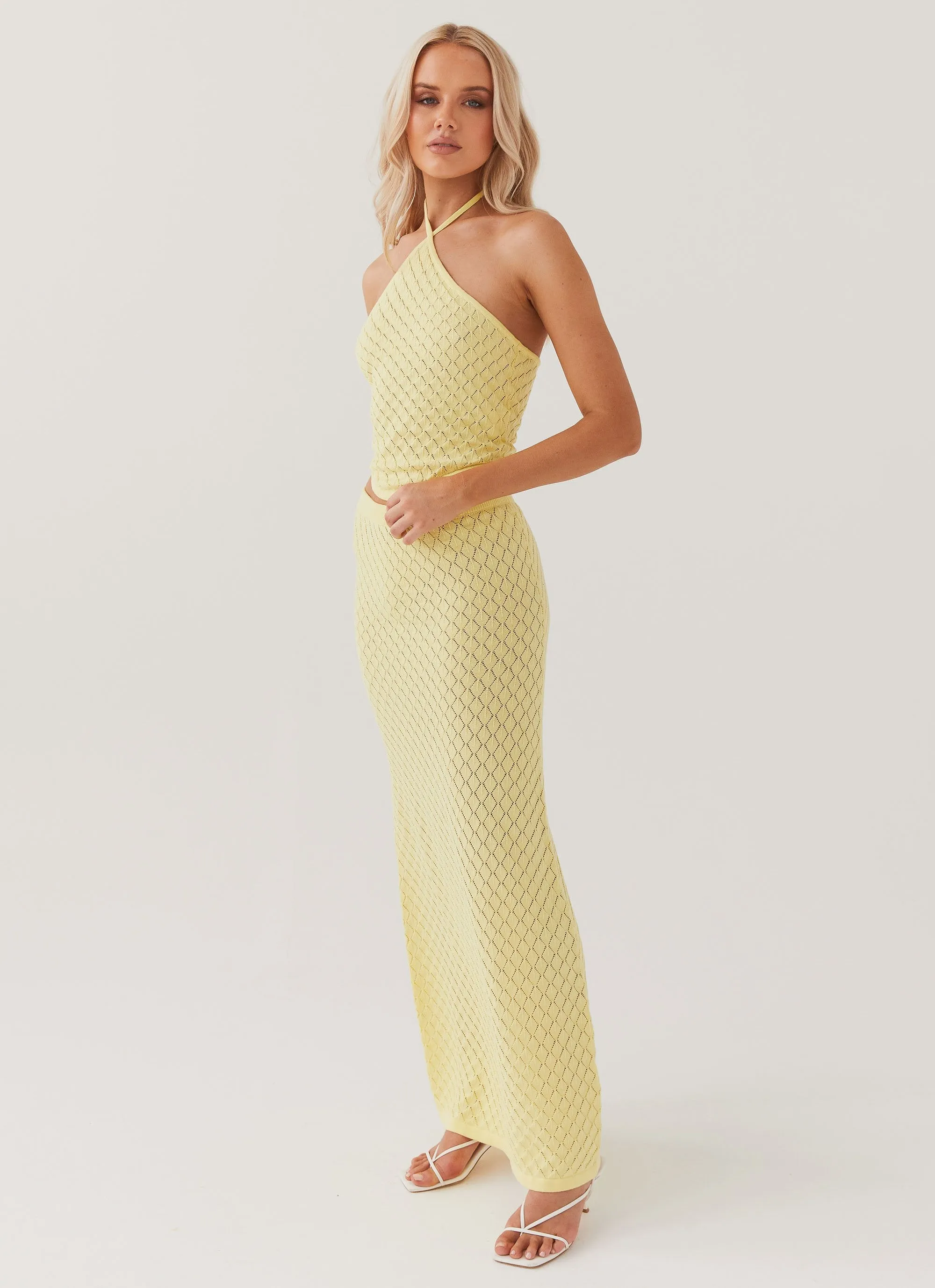 Weekend Favorite understated look Amanza Knit Maxi Skirt - Lemon