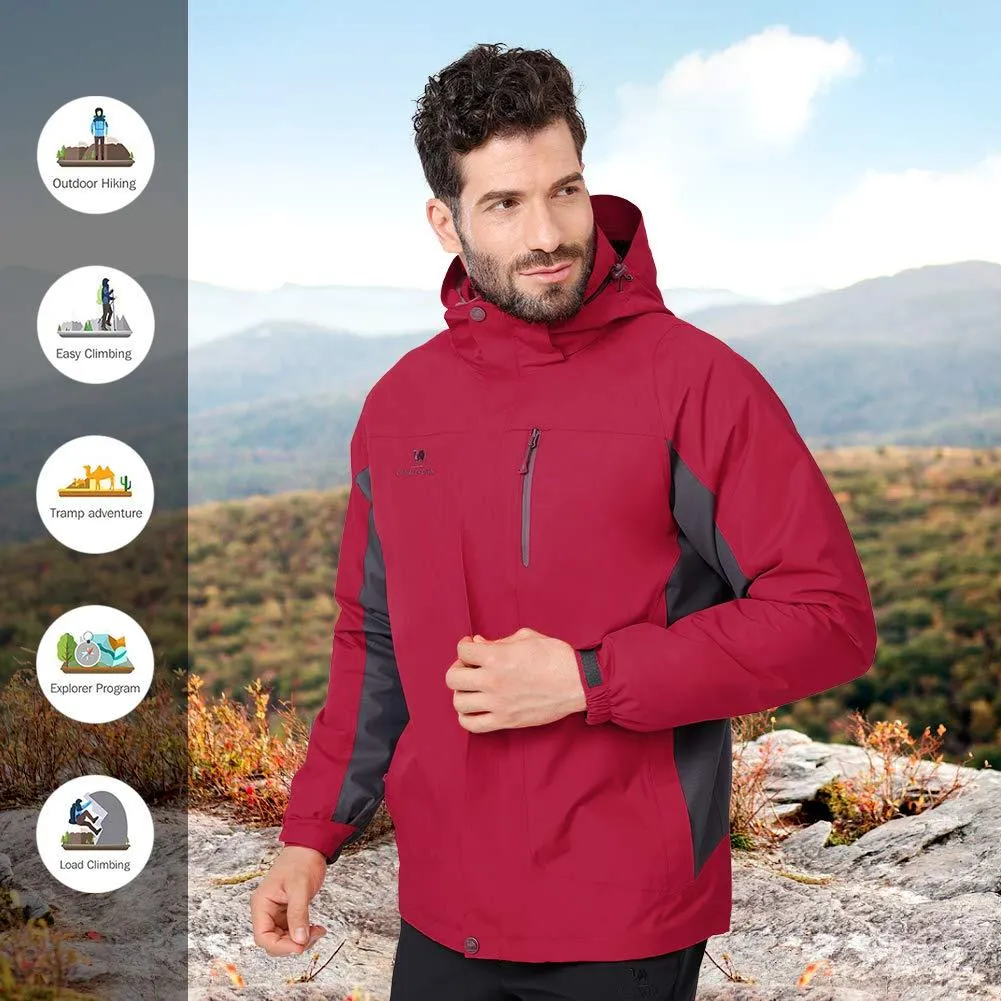 CAMEL CROWN Men's Ski Jacket 3 in 1 Waterproof Winter Jacket Snow Jacket Windproof Hooded with Inner Warm Fleece Coat Red