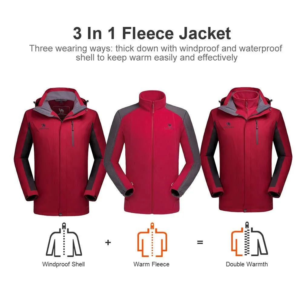 CAMEL CROWN Men's Ski Jacket 3 in 1 Waterproof Winter Jacket Snow Jacket Windproof Hooded with Inner Warm Fleece Coat Red