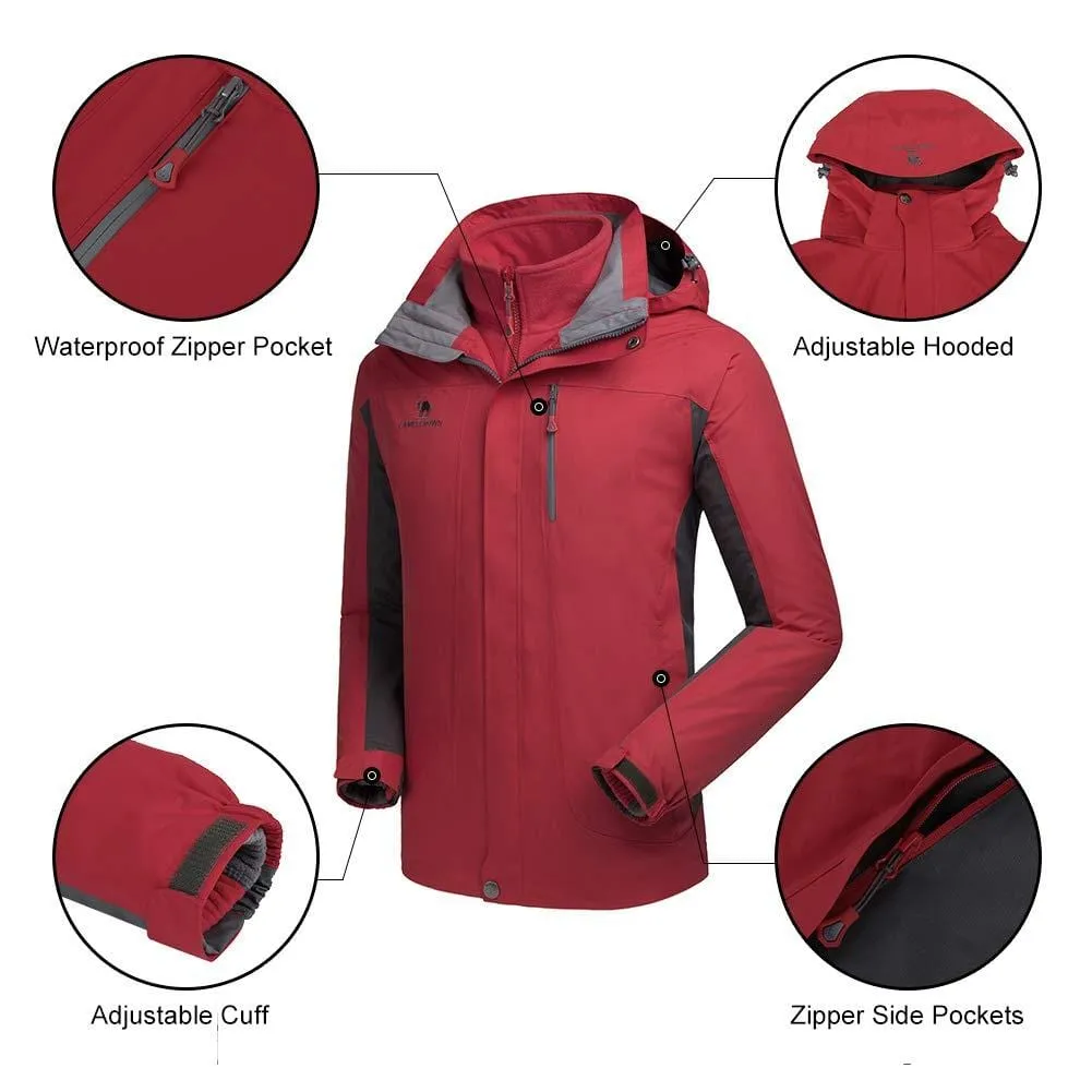 CAMEL CROWN Men's Ski Jacket 3 in 1 Waterproof Winter Jacket Snow Jacket Windproof Hooded with Inner Warm Fleece Coat Red