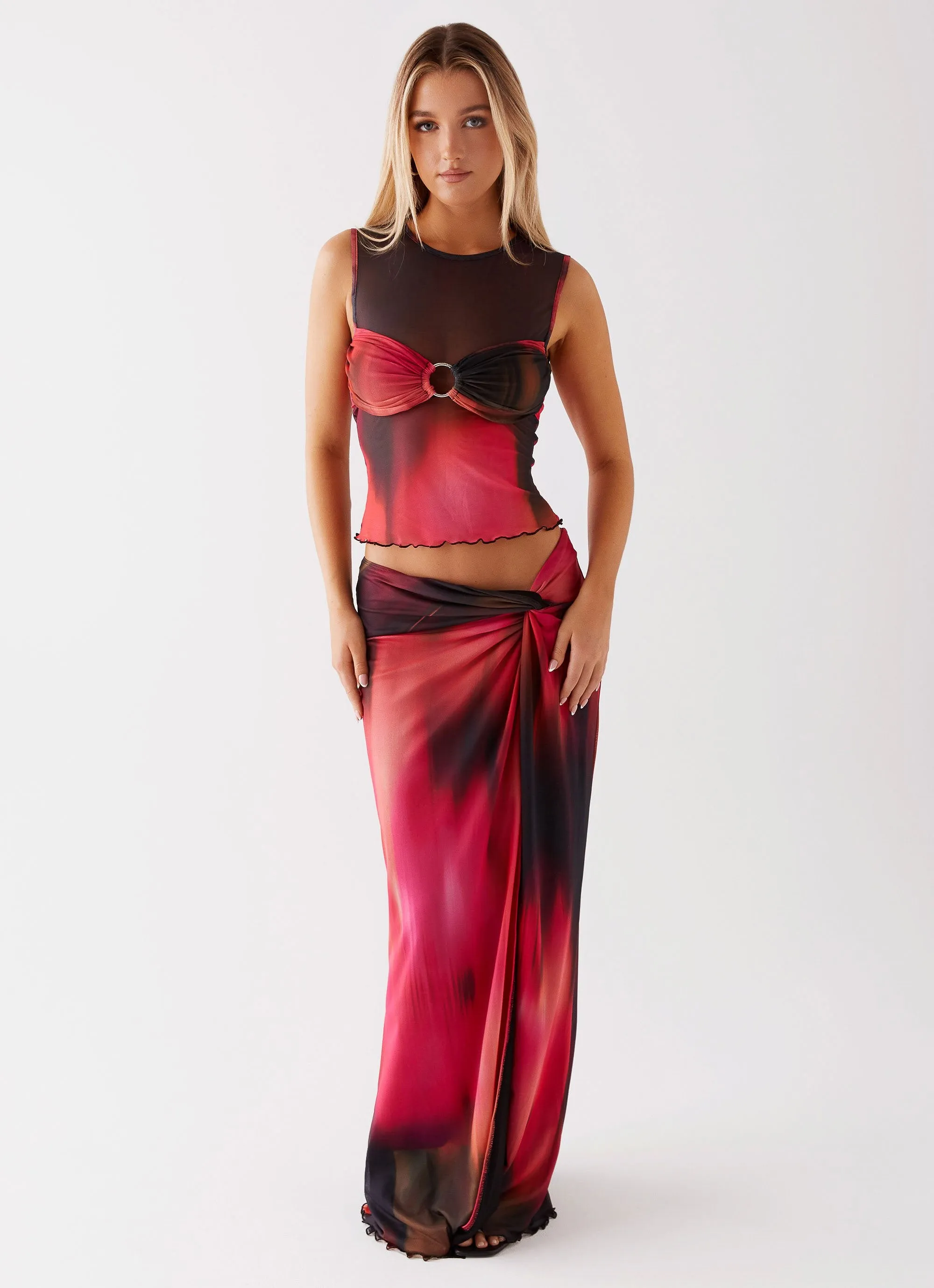Laser Cut Edges Tiered Layers Caprise Maxi Skirt - Pink Print