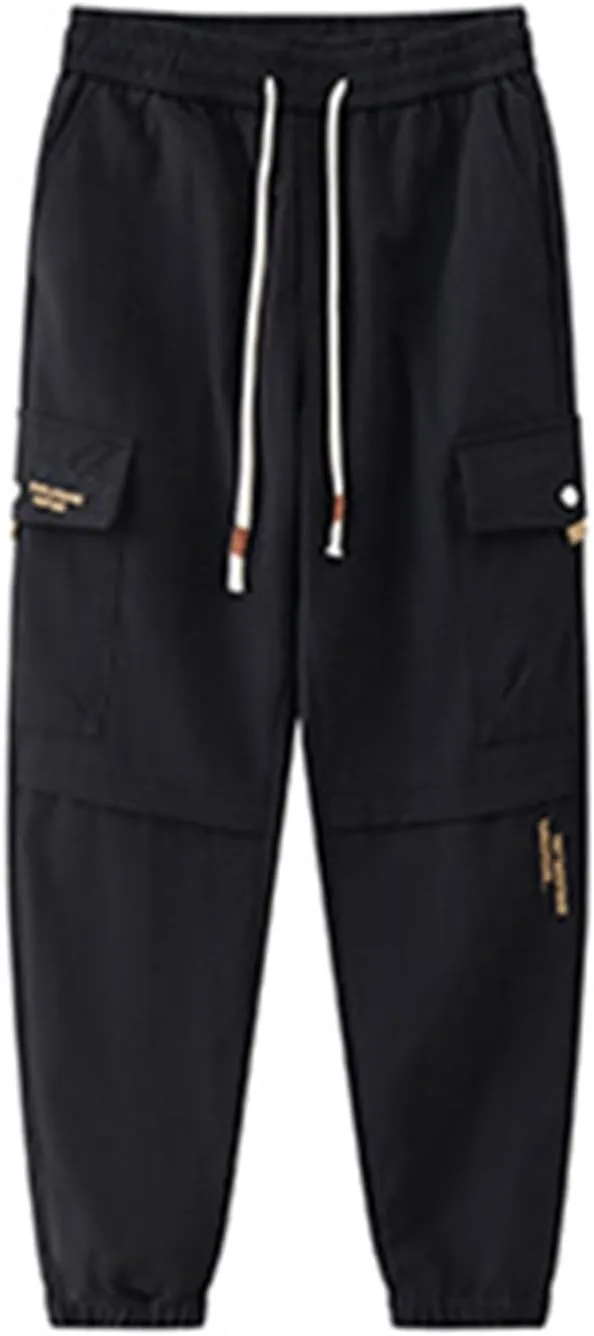 Cargo Pants for Men Multi-Pocket Solid Color Hiking Pants Elastic Waist Drawstring Outdoor Pants Straight Leg Trousers