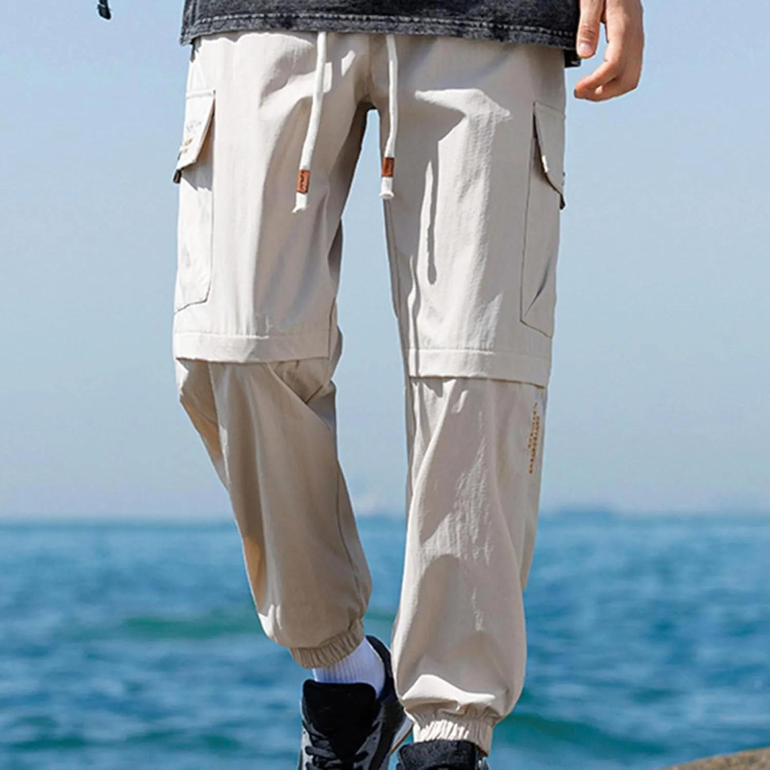 Cargo Pants for Men Multi-Pocket Solid Color Hiking Pants Elastic Waist Drawstring Outdoor Pants Straight Leg Trousers