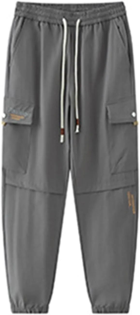 Cargo Pants for Men Multi-Pocket Solid Color Hiking Pants Elastic Waist Drawstring Outdoor Pants Straight Leg Trousers