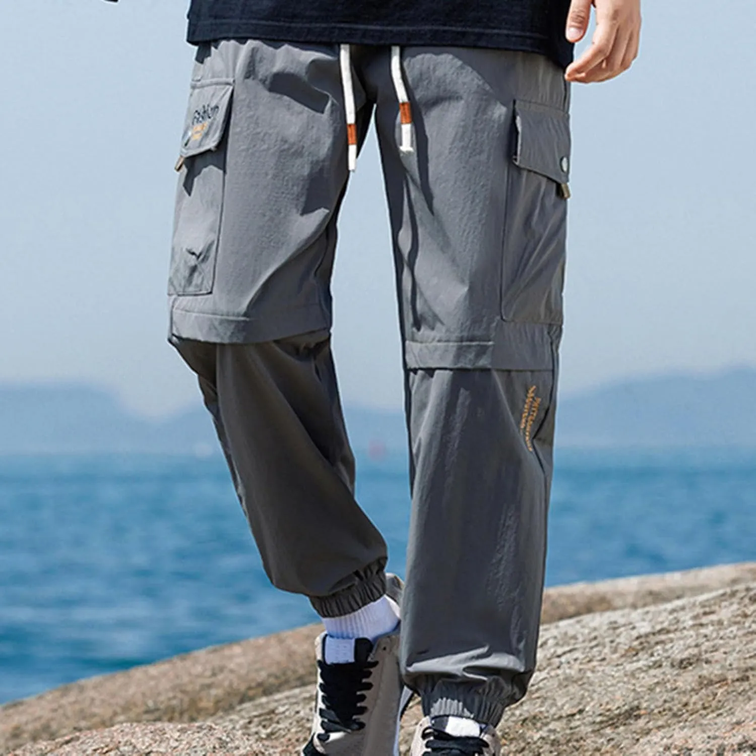 Cargo Pants for Men Multi-Pocket Solid Color Hiking Pants Elastic Waist Drawstring Outdoor Pants Straight Leg Trousers