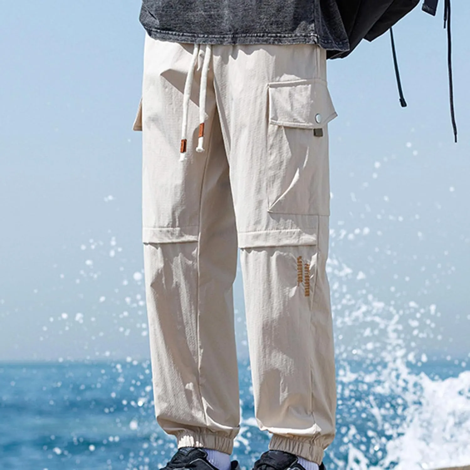 Cargo Pants for Men Multi-Pocket Solid Color Hiking Pants Elastic Waist Drawstring Outdoor Pants Straight Leg Trousers