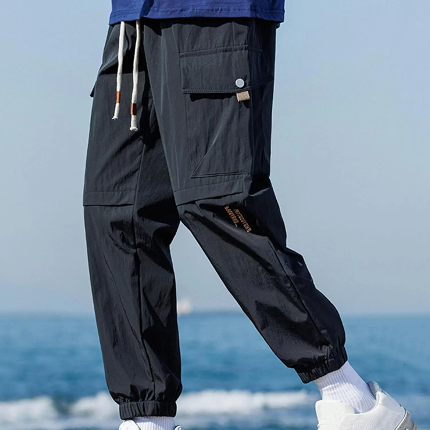 Cargo Pants for Men Multi-Pocket Solid Color Hiking Pants Elastic Waist Drawstring Outdoor Pants Straight Leg Trousers