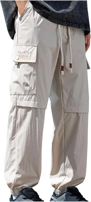 Cargo Pants for Men Multi-Pocket Solid Color Hiking Pants Elastic Waist Drawstring Outdoor Pants Straight Leg Trousers