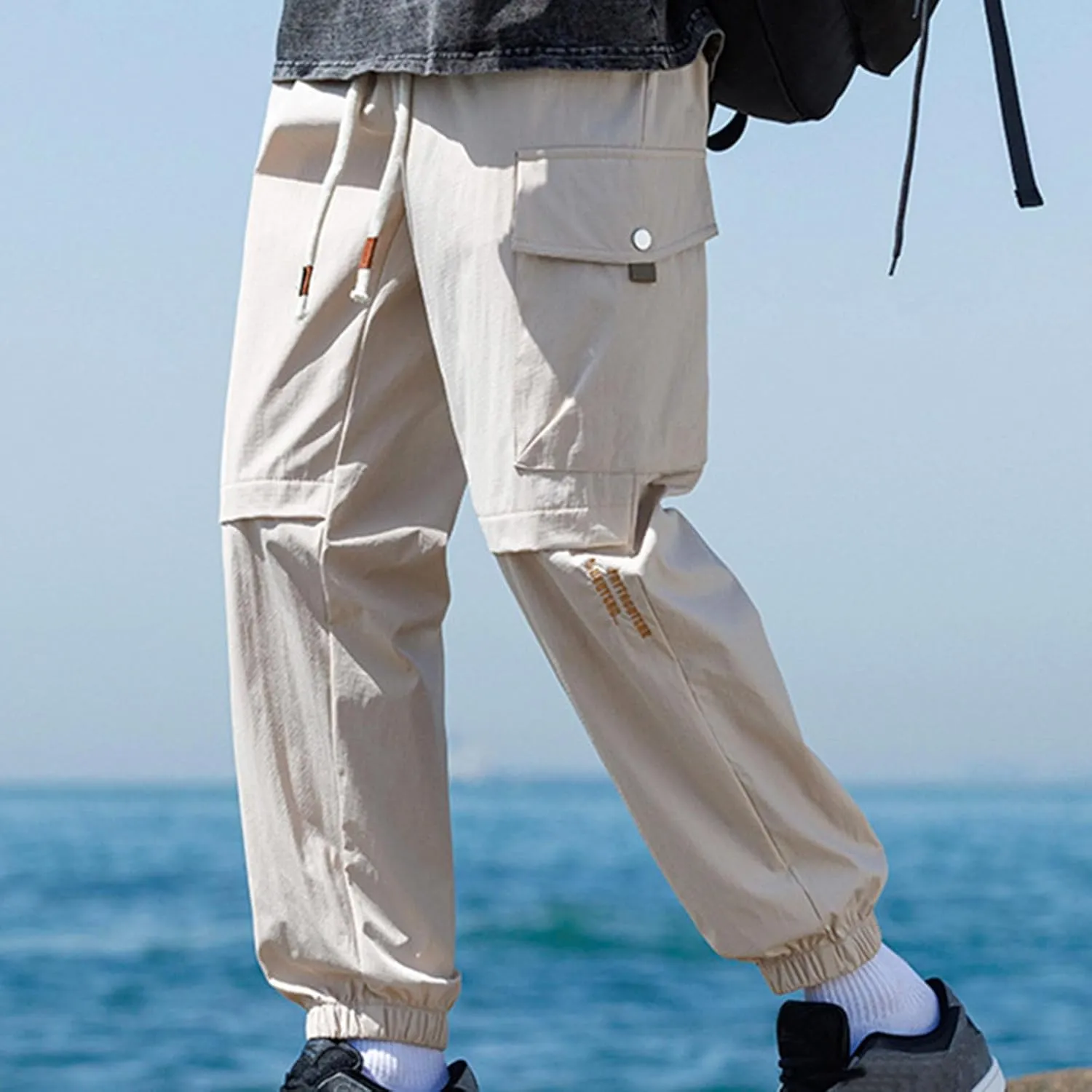 Cargo Pants for Men Multi-Pocket Solid Color Hiking Pants Elastic Waist Drawstring Outdoor Pants Straight Leg Trousers