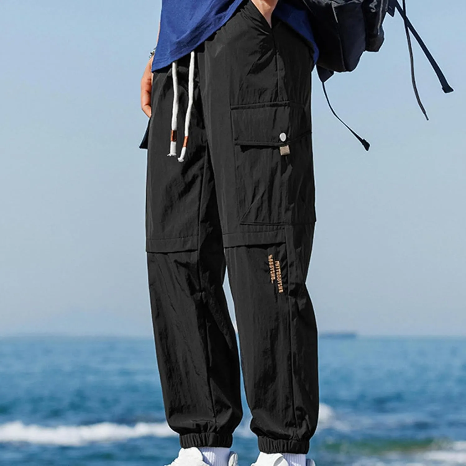 Cargo Pants for Men Multi-Pocket Solid Color Hiking Pants Elastic Waist Drawstring Outdoor Pants Straight Leg Trousers
