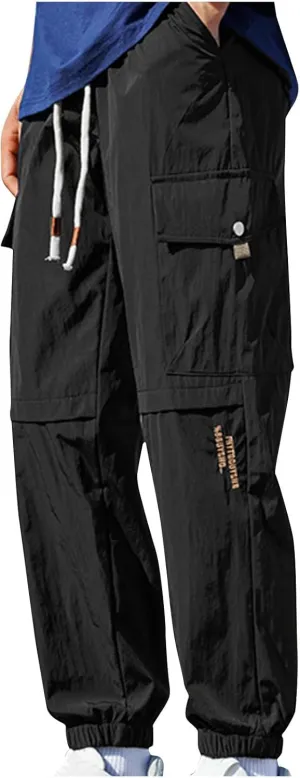 Cargo Pants for Men Multi-Pocket Solid Color Hiking Pants Elastic Waist Drawstring Outdoor Pants Straight Leg Trousers