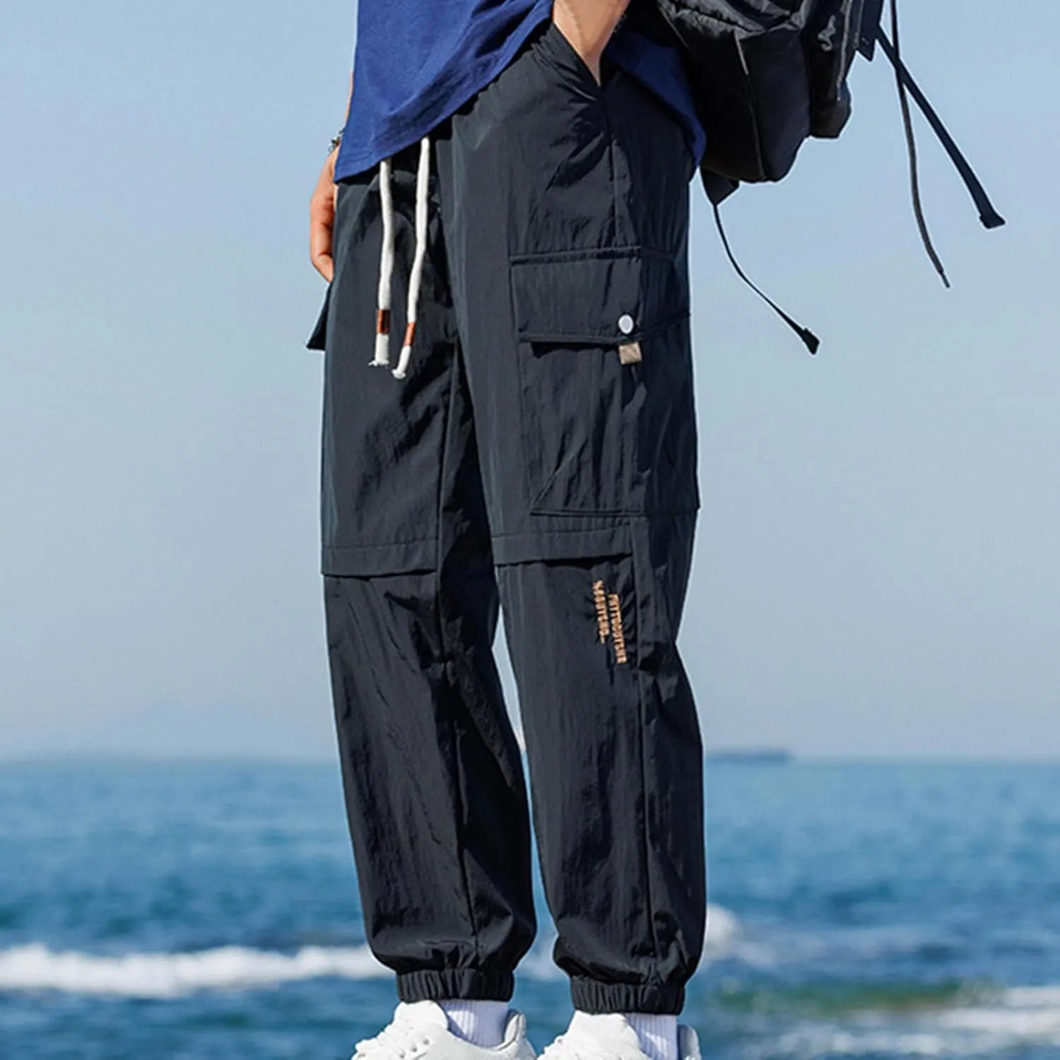 Cargo Pants for Men Multi-Pocket Solid Color Hiking Pants Elastic Waist Drawstring Outdoor Pants Straight Leg Trousers