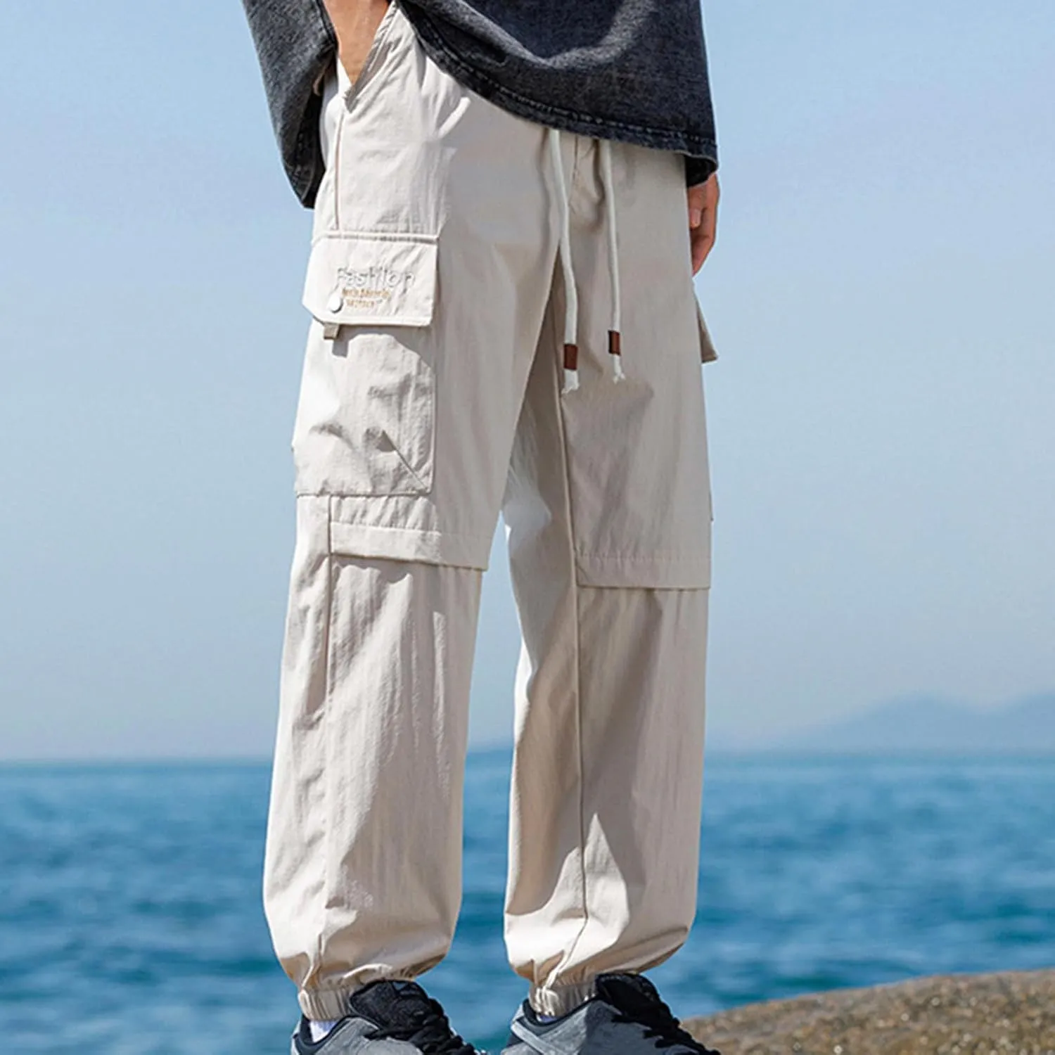 Cargo Pants for Men Multi-Pocket Solid Color Hiking Pants Elastic Waist Drawstring Outdoor Pants Straight Leg Trousers