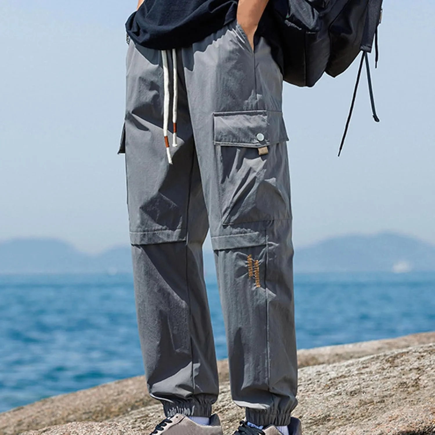 Cargo Pants for Men Multi-Pocket Solid Color Hiking Pants Elastic Waist Drawstring Outdoor Pants Straight Leg Trousers