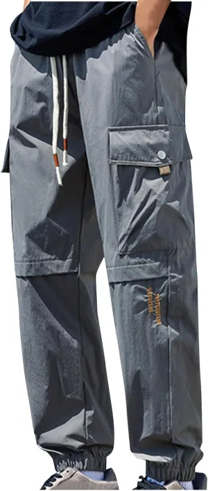 Cargo Pants for Men Multi-Pocket Solid Color Hiking Pants Elastic Waist Drawstring Outdoor Pants Straight Leg Trousers