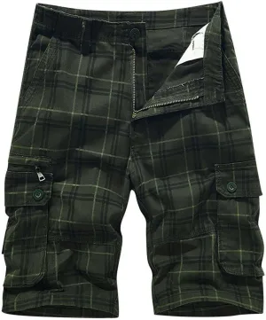 Cargo Plaid Shorts for Men Button Stretch Multi-Pocket Straight Short 2025 Summer Trendy Casual Outdoor Pants