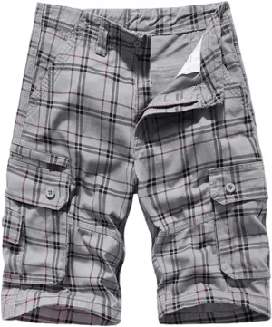 Cargo Plaid Shorts for Men Button Stretch Multi-Pocket Straight Short 2025 Summer Trendy Casual Outdoor Pants
