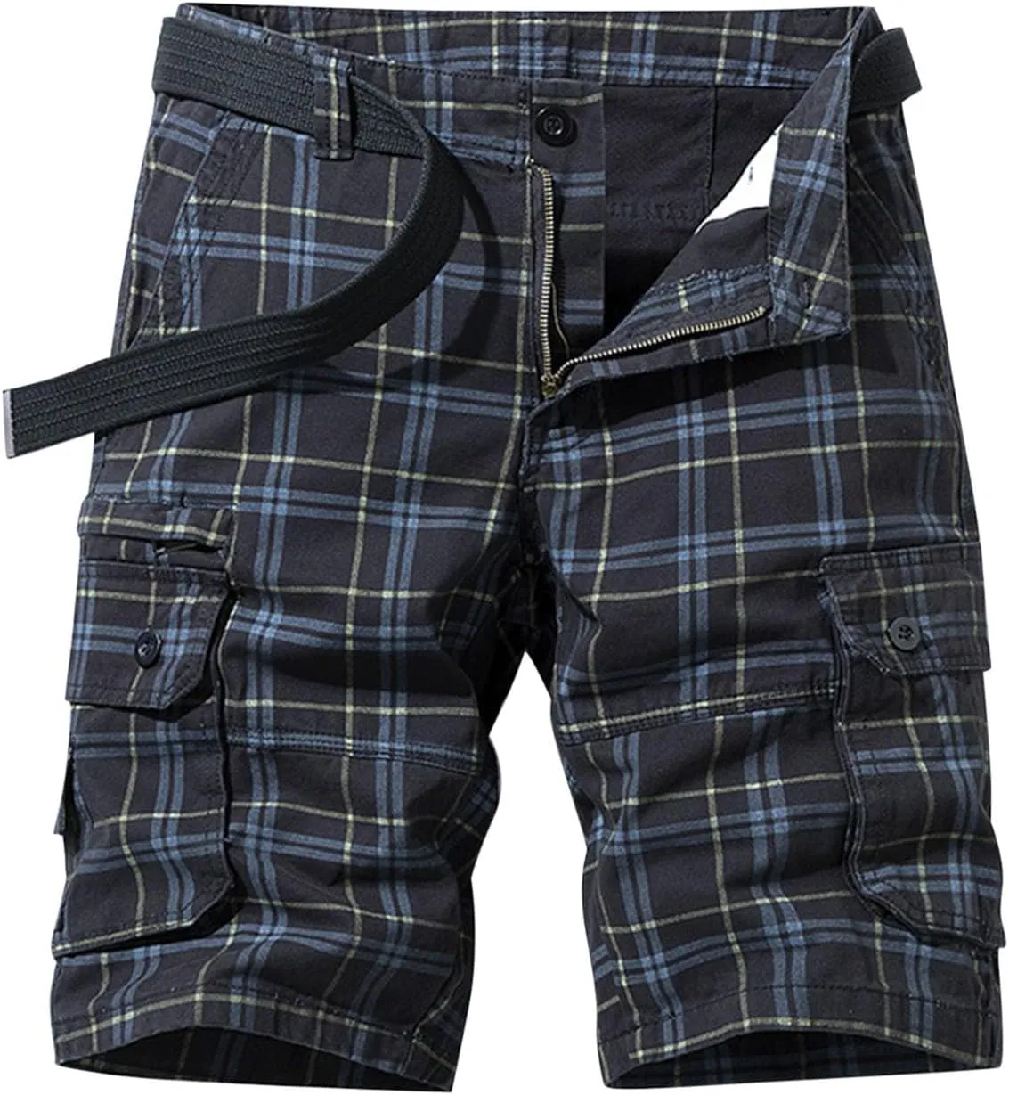 Cargo Plaid Shorts for Men Button Stretch Multi-Pocket Straight Short 2025 Summer Trendy Casual Outdoor Pants