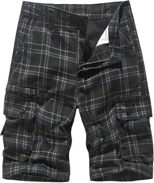 Cargo Plaid Shorts for Men Button Stretch Multi-Pocket Straight Short 2025 Summer Trendy Casual Outdoor Pants