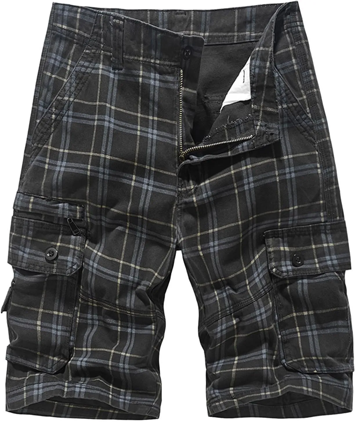 Cargo Plaid Shorts for Men Button Stretch Multi-Pocket Straight Short 2025 Summer Trendy Casual Outdoor Pants