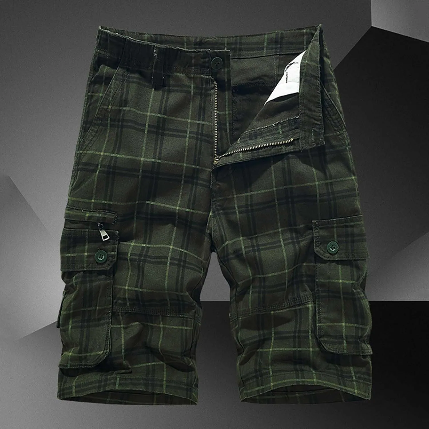 Cargo Plaid Shorts for Men Button Stretch Multi-Pocket Straight Short 2025 Summer Trendy Casual Outdoor Pants