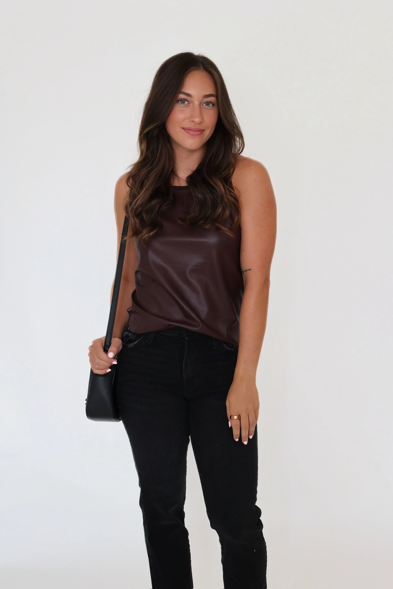 Carmela Vegan Leather Tank- Chocolate Two Tone Texture Effect Curved Hem