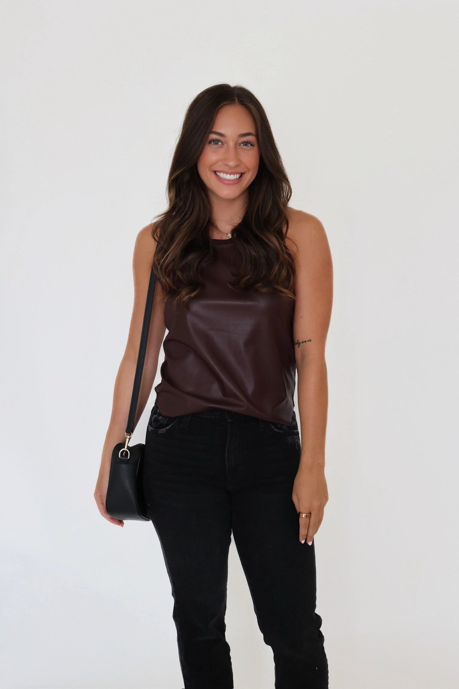 Tagless Neckline Design Carmela Vegan Leather Tank- Chocolate