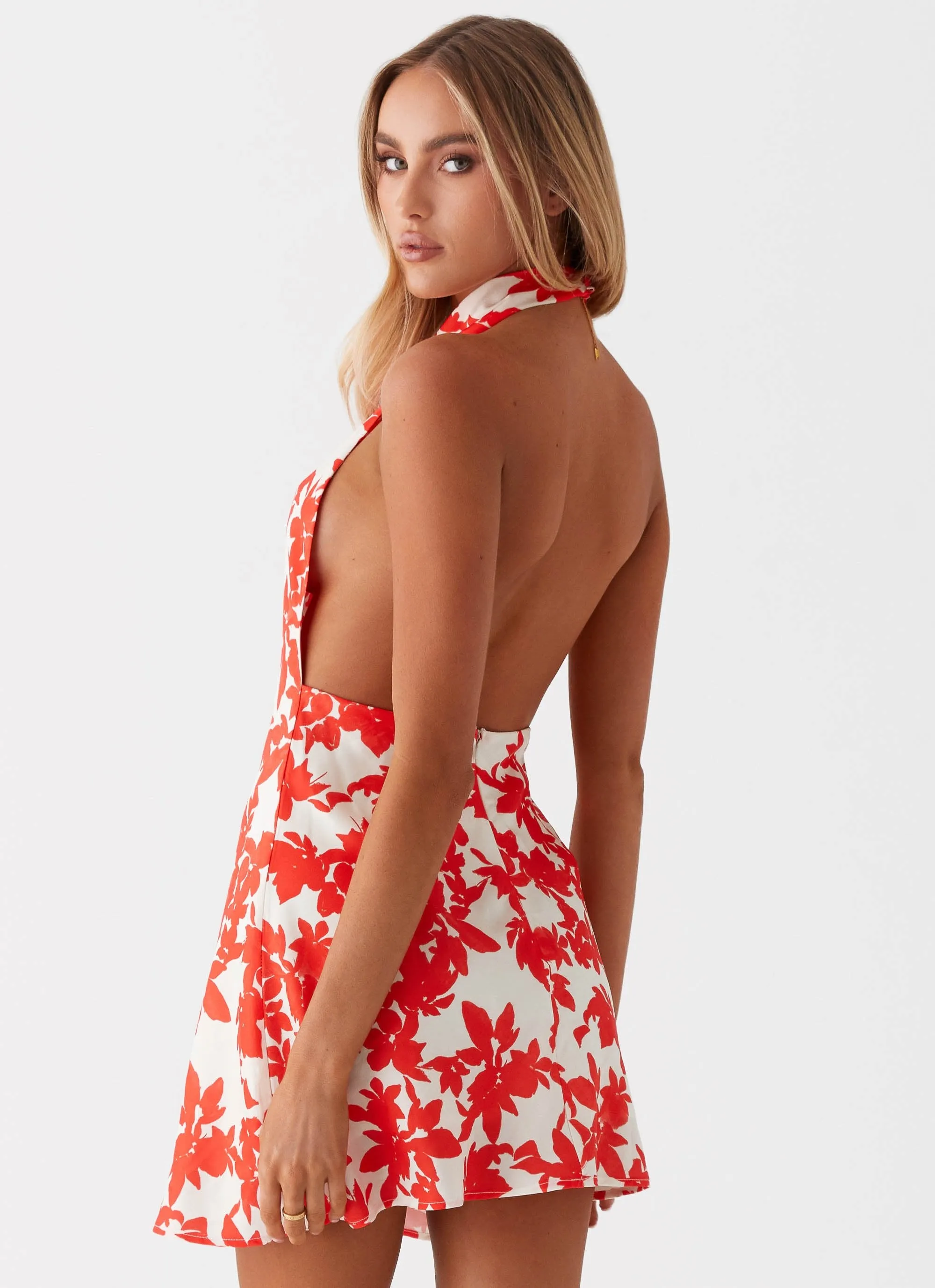 Carmine Bouquet Cowl Neck Mini Dress - Red Floral Mature appeal Layered Collar