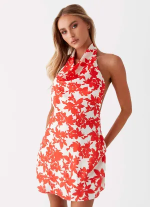 All-Weather Ready Comfortable Fabric Carmine Bouquet Cowl Neck Mini Dress - Red Floral