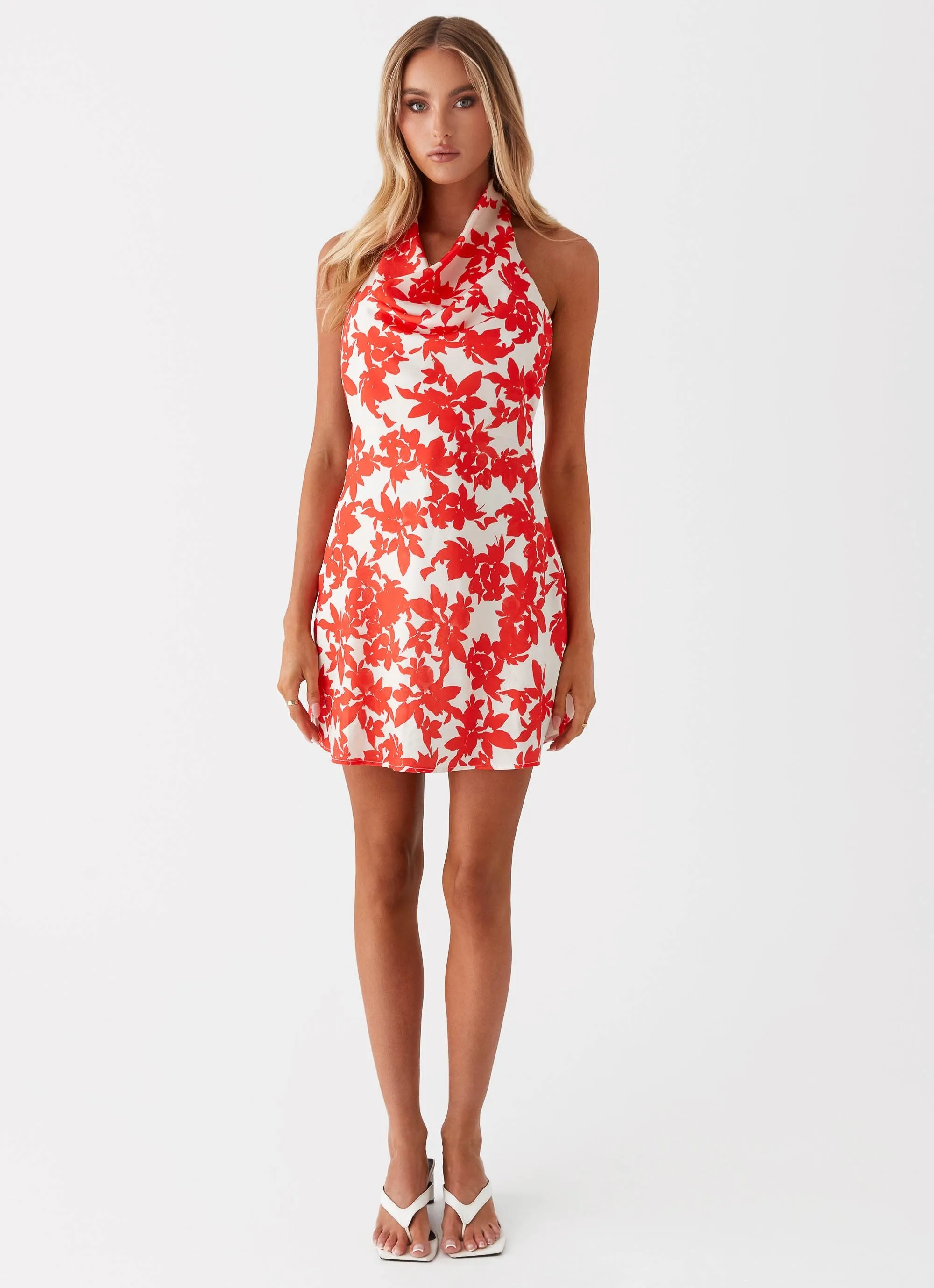 Carmine Bouquet Cowl Neck Mini Dress - Red Floral Anti Pilling Treatment Sleek Style